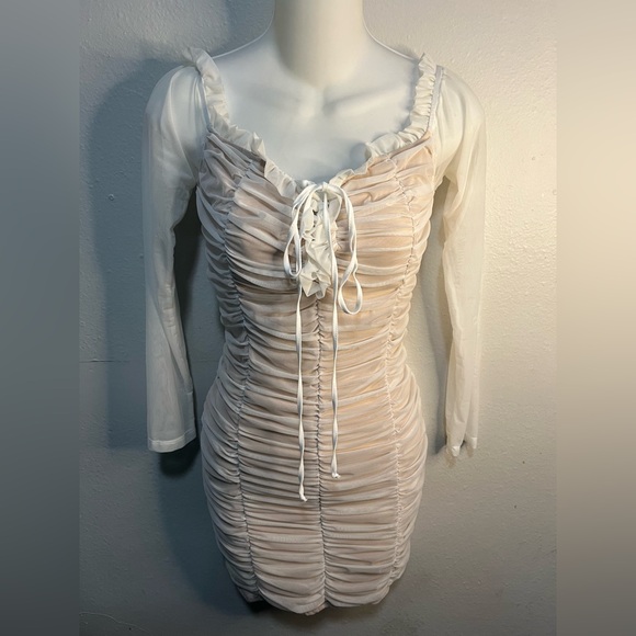 Fashion Nova Ruched White Mini Dress Sheer Sleeves Size M - Picture 3 of 6